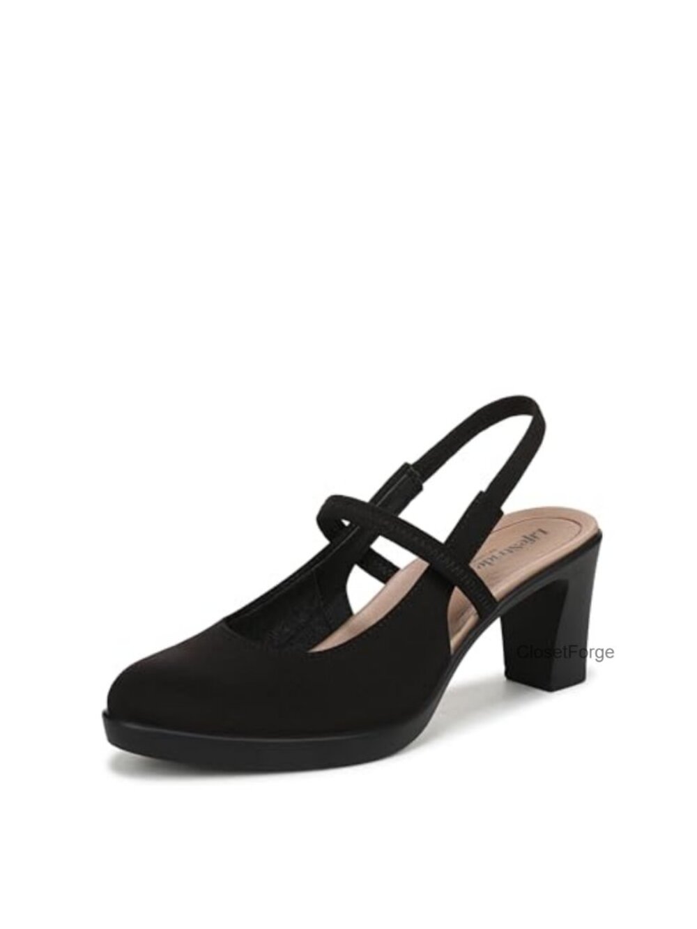Women's Slingback Pumps Block Heel Almond Toe Easy On Off Stretch Fabric
